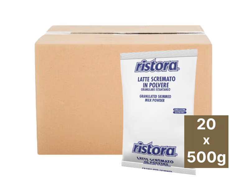 Box of Ristora milk powder packets on a white background